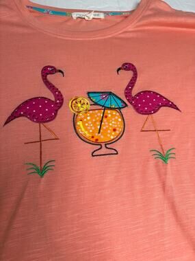 Clover + Pine Womens L Coral Flamingo Tropical Shirt Embroidered Rhinestone Top